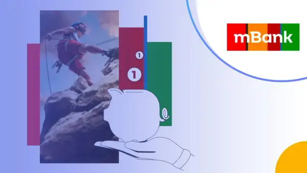 Grafika przedstawia wspinacza, skarbonkę na dłoni, słupki z cyframi 1 oraz logo mBank.
