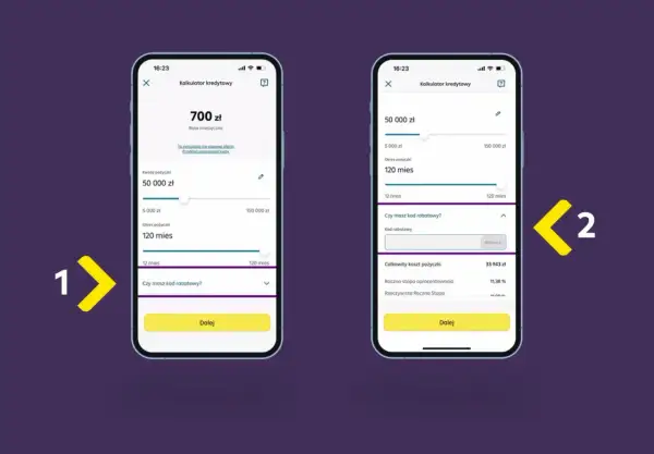 Symulacja kredytu w aplikacji Raiffeisen Digital Bank. Użytkownik ustawia kwotę i okres spłaty pożyczki.