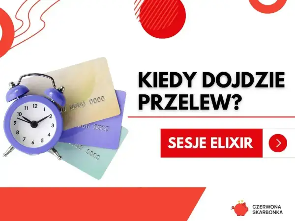 Niebieski budzik na tle kart płatniczych i tekstu "Kiedy dojdzie przelew?".
